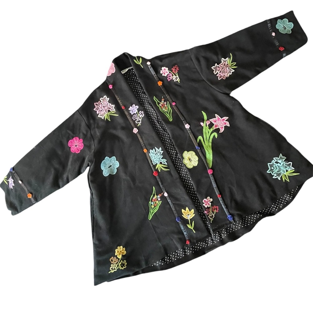 Anage Black Floral Embroidered Open Front Jacket 3D Ribbon Flowers Polka Dot OS‎ - Picture 3 of 16